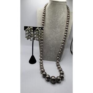 Vintage Graduated Silver Bead Necklace Korea 17mm + Dangle Clip Earrings
